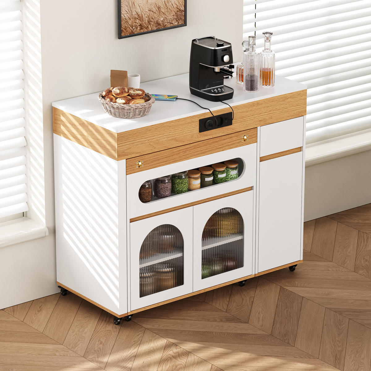 KÜCHENINSEL aus MDF 50.5-187.5x110.5x95.5 cm Weiß/Natur mit ausziehbarer Tischplatte & Steckdosen - Weiß, Holzwerkstoff (187.5/95.5/110.5cm) - Modfu