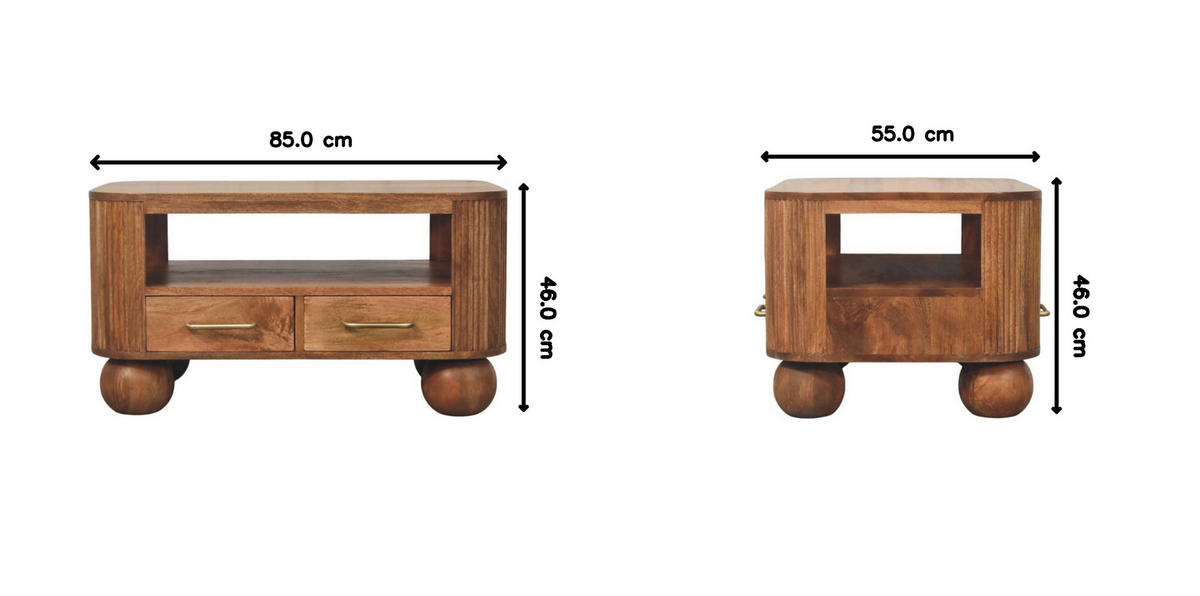 COUCHTISCH Briarwood Geriffelt, 2 Schubladen und Offenes Regal, Hellbraun - Beige/Messingfarben, Holz/Metall (55/85/46cm) - Artisan Furniture