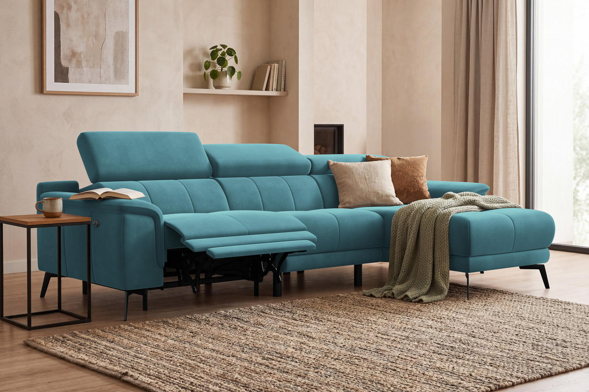 ECKSOFA FIERO 4-Sitzer RECHTS, Minter Veloursstoff - Schwarz/Mintgrün, Holz/Textil (288/170cm) - Courtois Laville