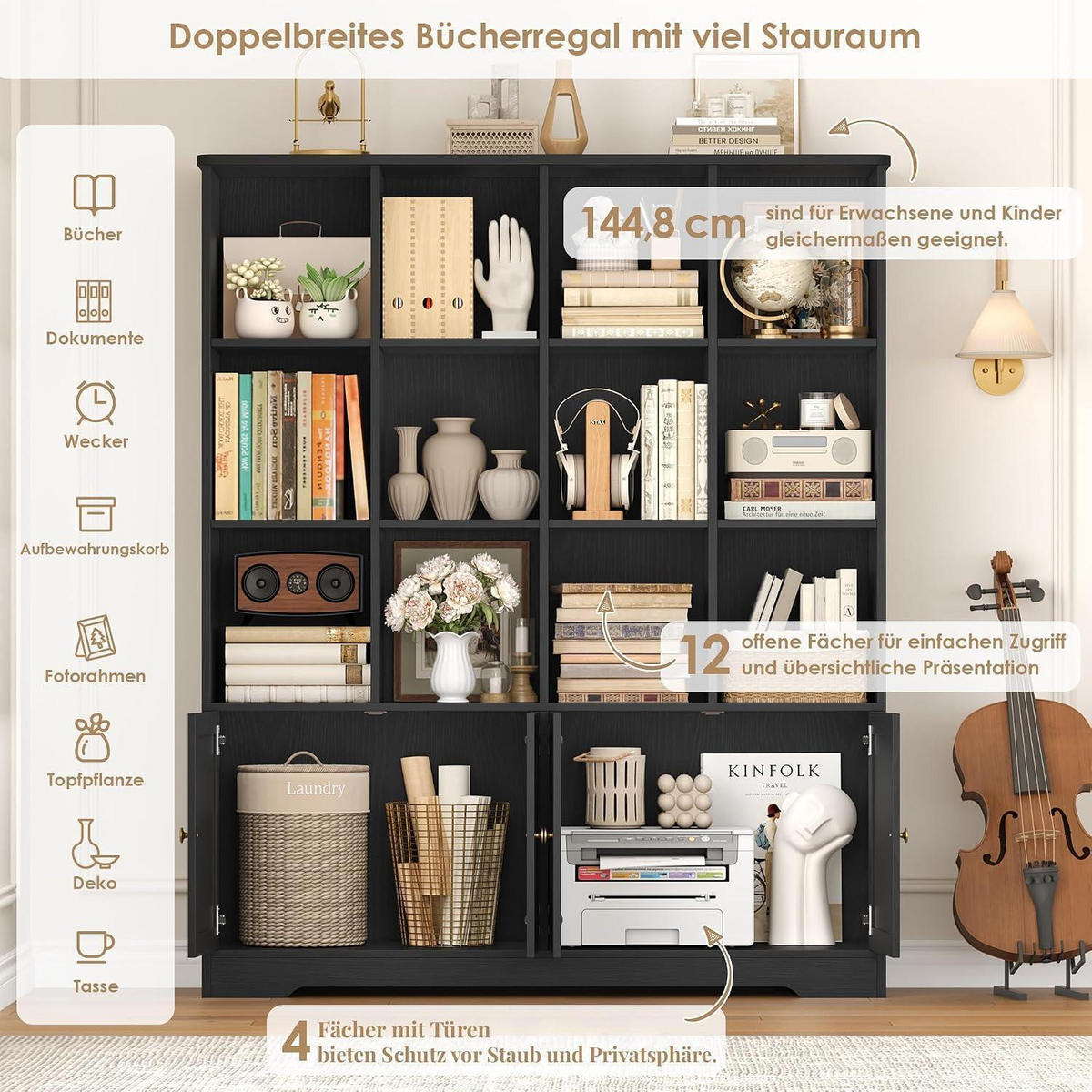 BÜCHERREGAL mit Türen Schwarz 144,8 x 29,8 x 121 cm - Schwarz, Holzwerkstoff (121/144.8/29.8cm)