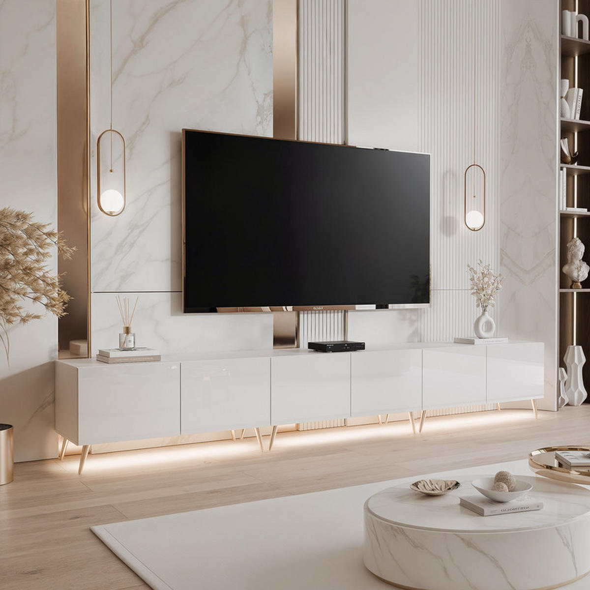 TV skrinka ANGEL biela lesklá stojaca s LED osvetlením 300 cm - biela, kompozitné drevo (300/49/40cm) - Idohome