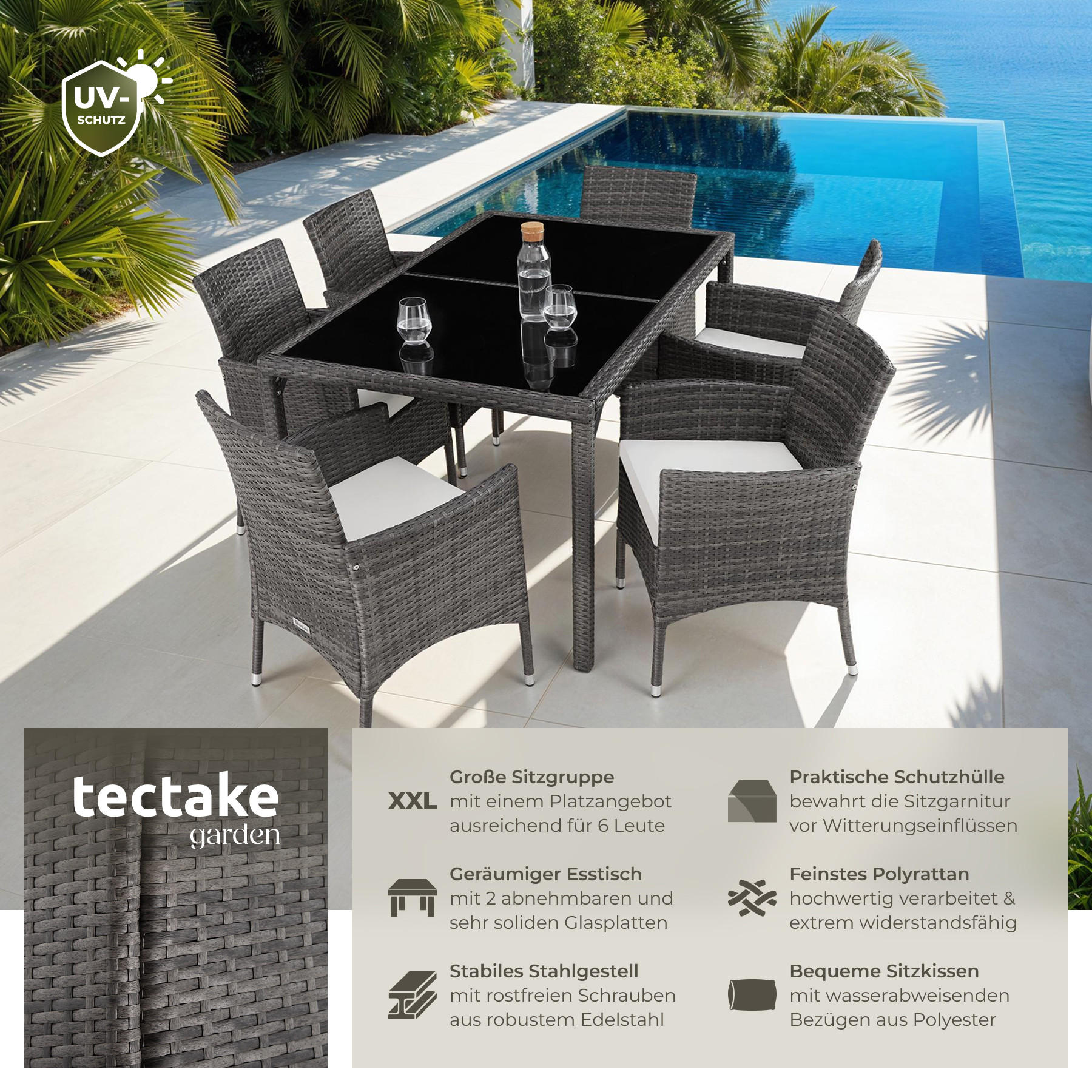 RATTAN SITZGRUPPE Porto,inklusive Schutzhülle,grau/weiß - Weiß/Grau, Kunststoff - tectake