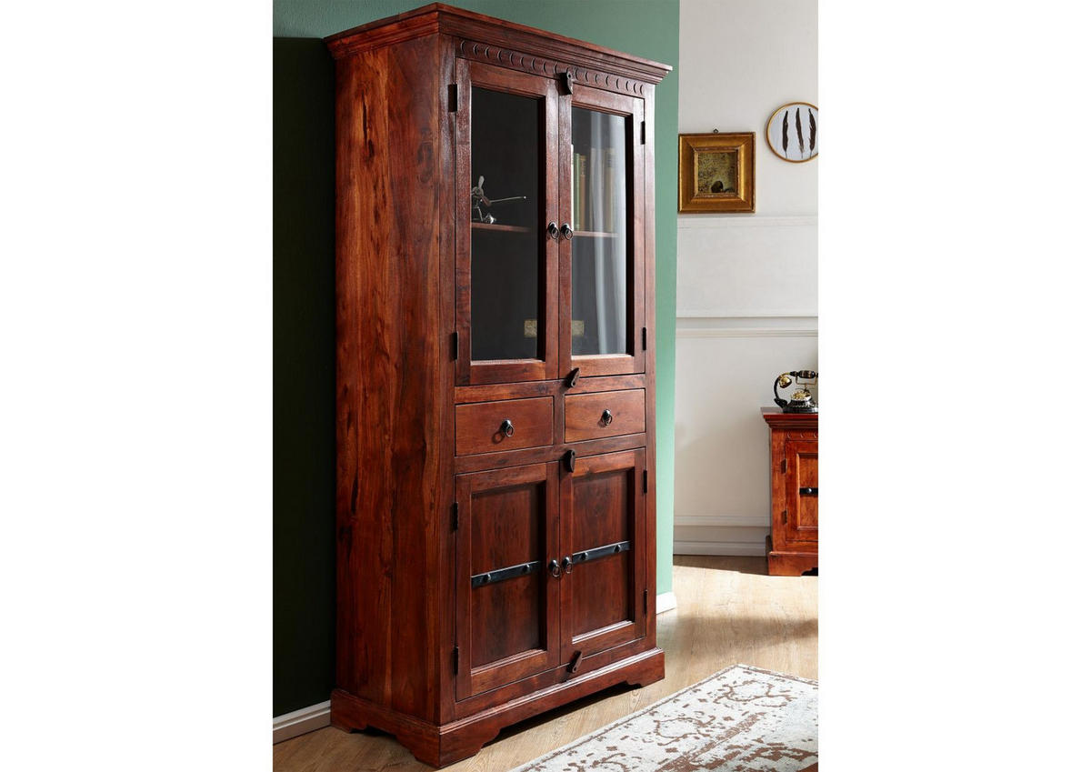 VITRINE Akazie 90x44x180 nougat lackiert OXFORD #1011 - Dunkelbraun, Holz (90/180/44cm) - Massivmoebel24