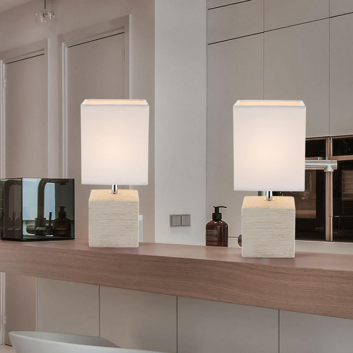 TISCHLEUCHTE Keramik Beige Weiß GERI 2er Set - Weiß, Textil (13/11/29cm) - Globo Lighting