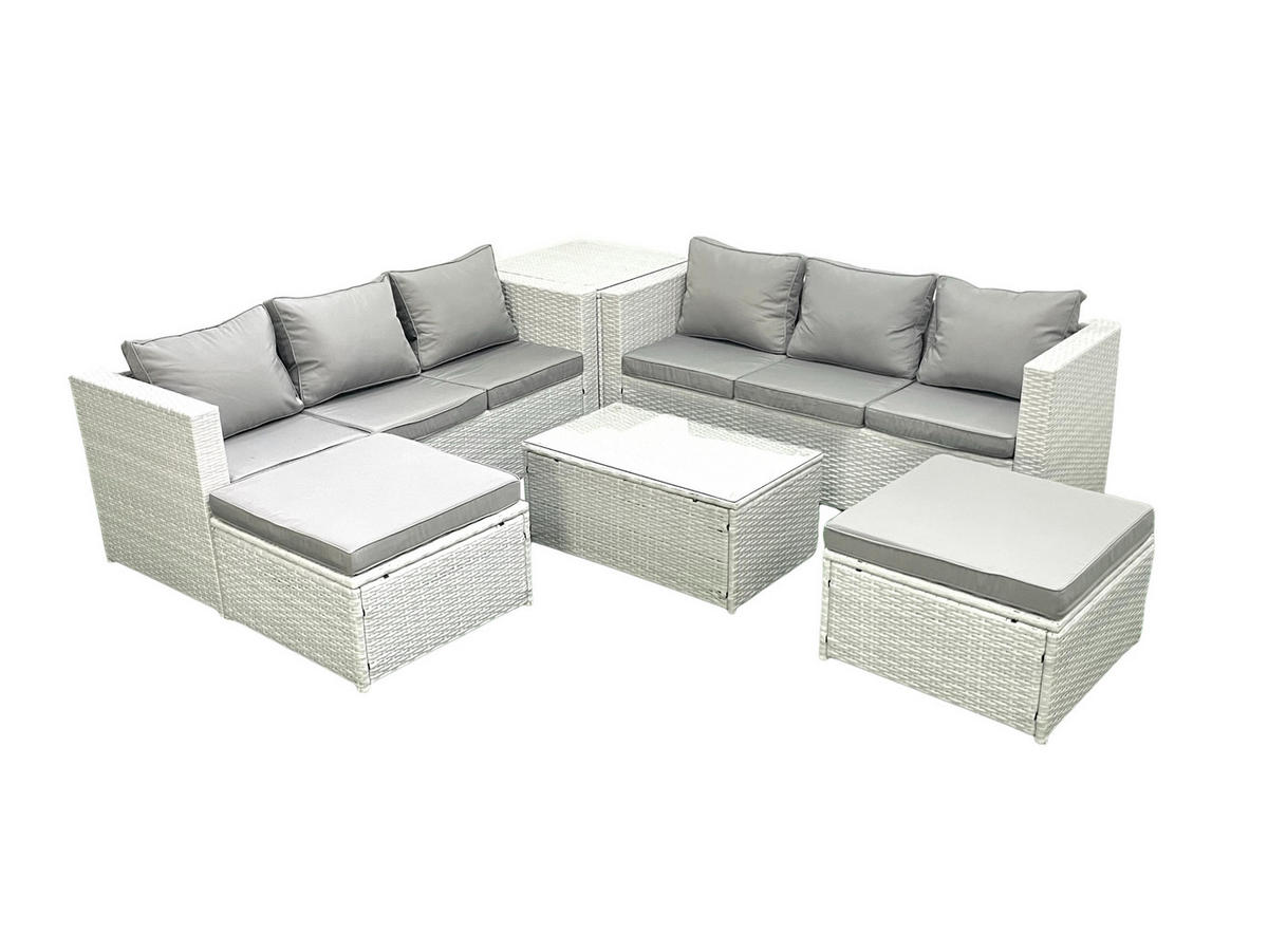 GARTENGARNITUR mit 3-SITZER SOFA,COUCHTISCH Polyrattan Hellgrau-Mix 8-Sitzer - Hellgrau/Grau, Glas/Kunststoff - Fimous