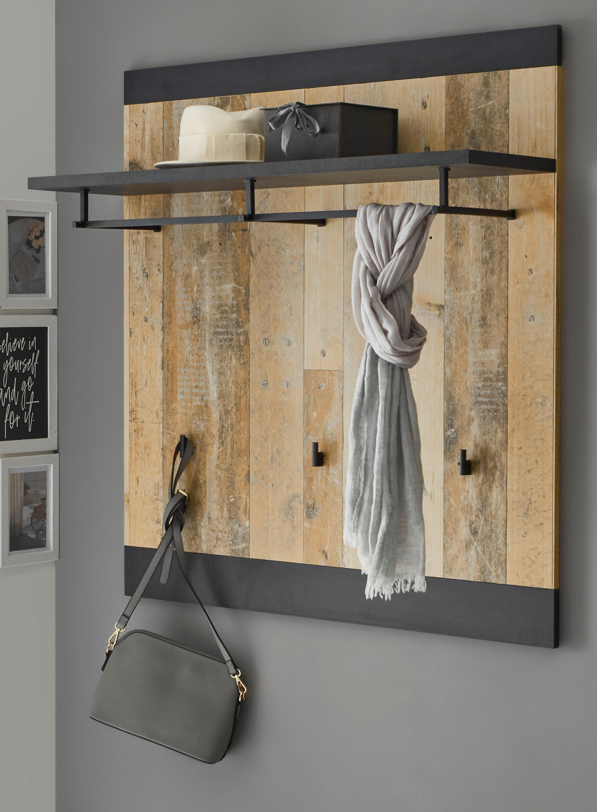 GARDEROBENPANEEL Used Wood hell, anthrazit, Wandgarderobe 92 x 100 cm - Eichefarben/Anthrazit, Holzwerkstoff (92/100/26cm) - Furn.Design