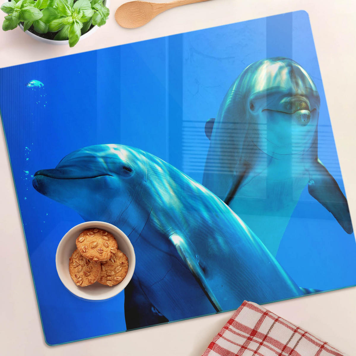 GLASPLATTE 60x52 cm Zwei Delfine - Dunkelblau, Glas (60/52cm) - TULUP