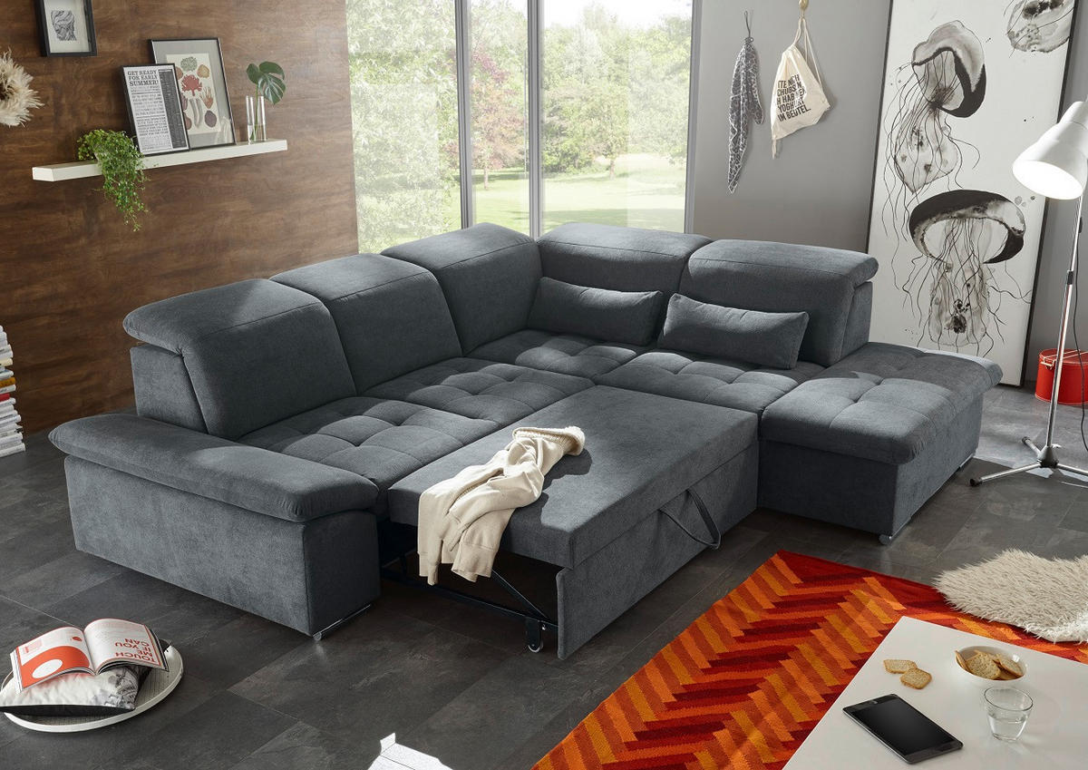ECKSOFA mit Schlaffunktion mit Bettkasten und verstellbaren Kopf- und Rückenlehnen - Chromfarben/Dunkelgrau, Textil (240/276cm) - ed exciting design