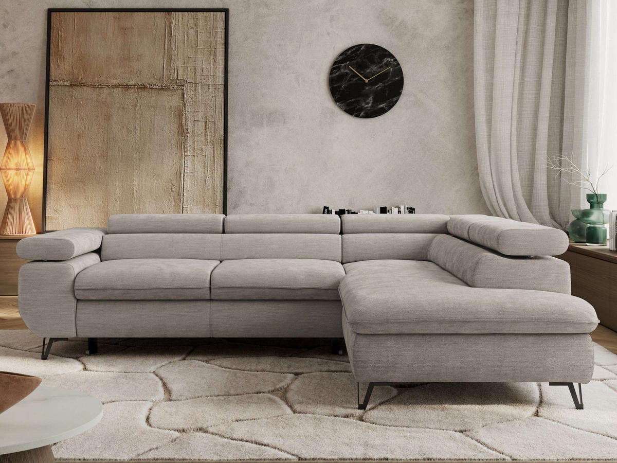 ECKSOFA PABLO L Hellgrau Schenille glatt - Rechts Seite mit T25 Topper - Hellgrau/Schwarz, Textil/Metall (273/208cm) - MKS