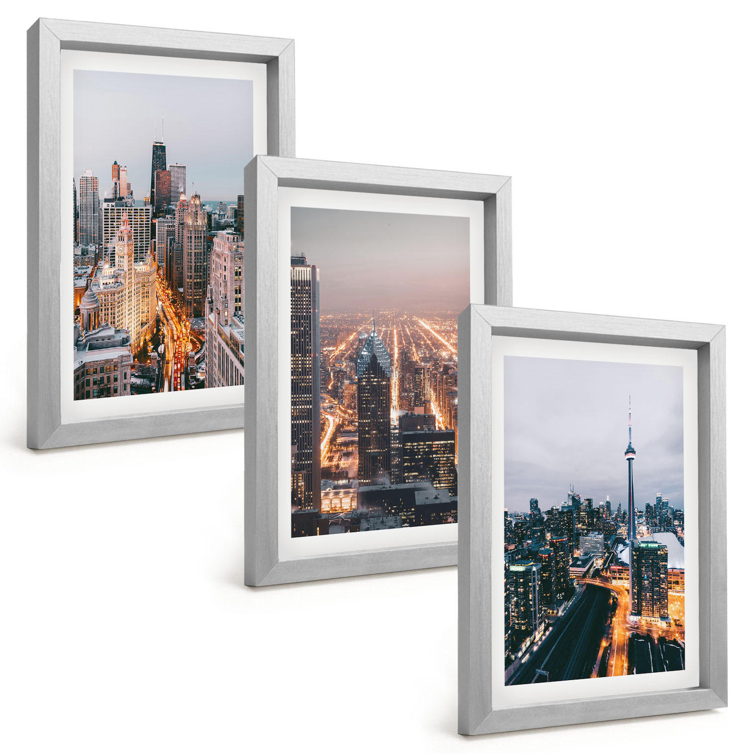 BILDER SET 3er Set - 20x30 cm Silberner Rahmen - Städte bei Nacht, Wolkenkratzer, Lichter - Silberfarben, Kunststoff (20/30cm) - TULUP