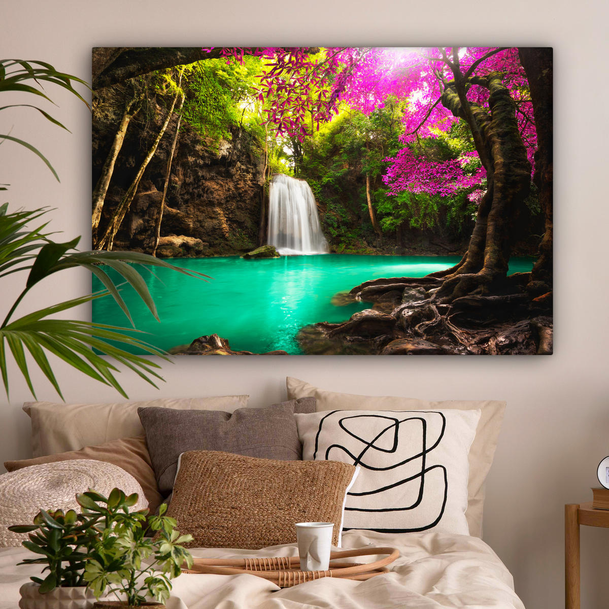 LEINWANDBILD Wasserfall mit bunten Blumen und Bäumen - Natur - Dschungel Wohnzimmer Groß 120x80 cm - Waldgrün, Textil (120/80cm) - MuchoWow