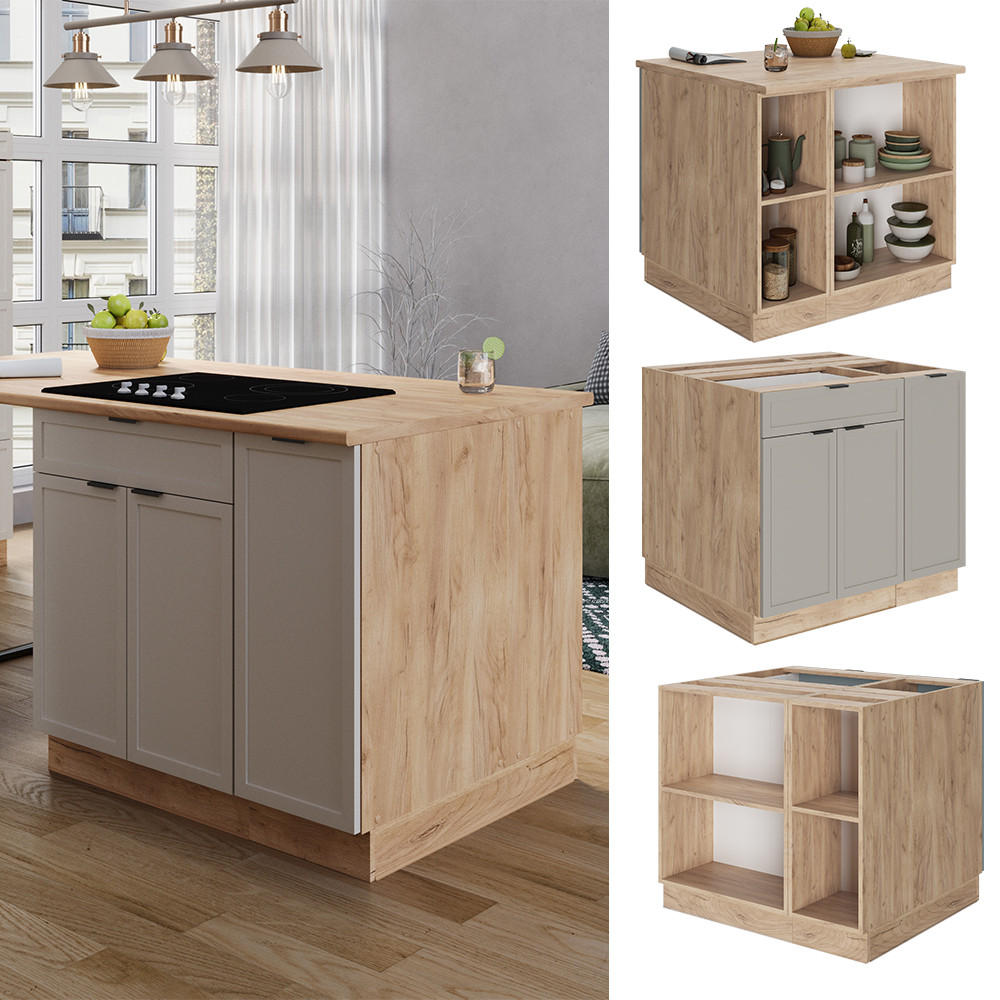 KÜCHENINSEL Fame-Line GrauBeige 90 cm mit Schublade, ohne AP - Honigeiche/Grau, Holzwerkstoff (90/82/60cm) - Vicco