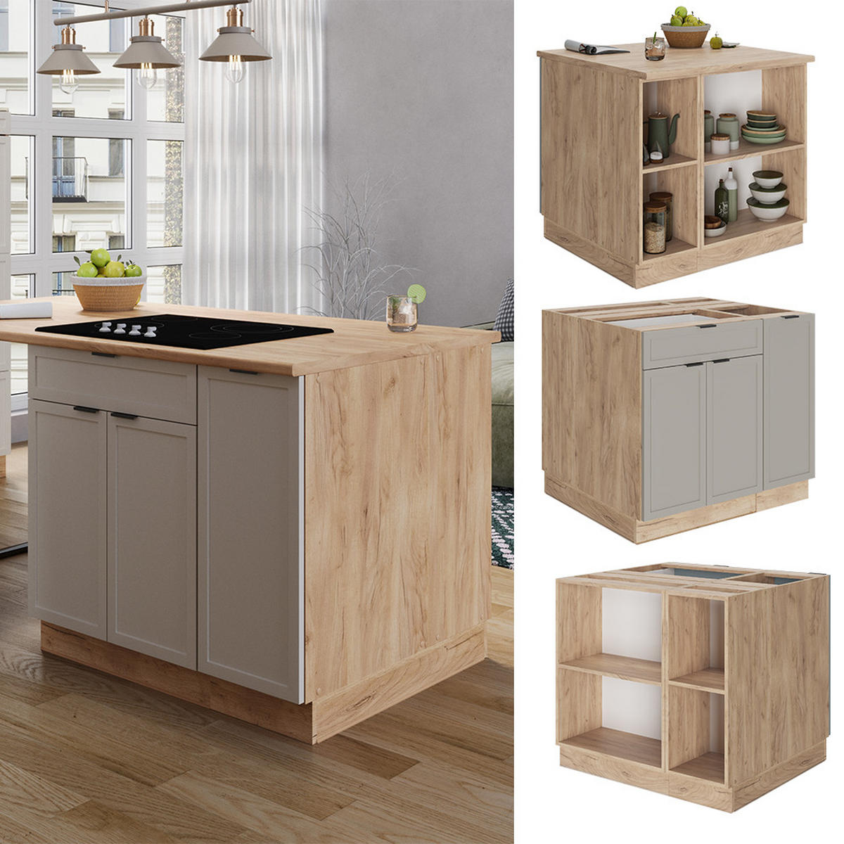 KÜCHENINSEL Fame-Line GrauBeige 90 cm mit Schublade, ohne AP - Honigeiche/Grau, Holzwerkstoff (90/82/60cm) - Vicco