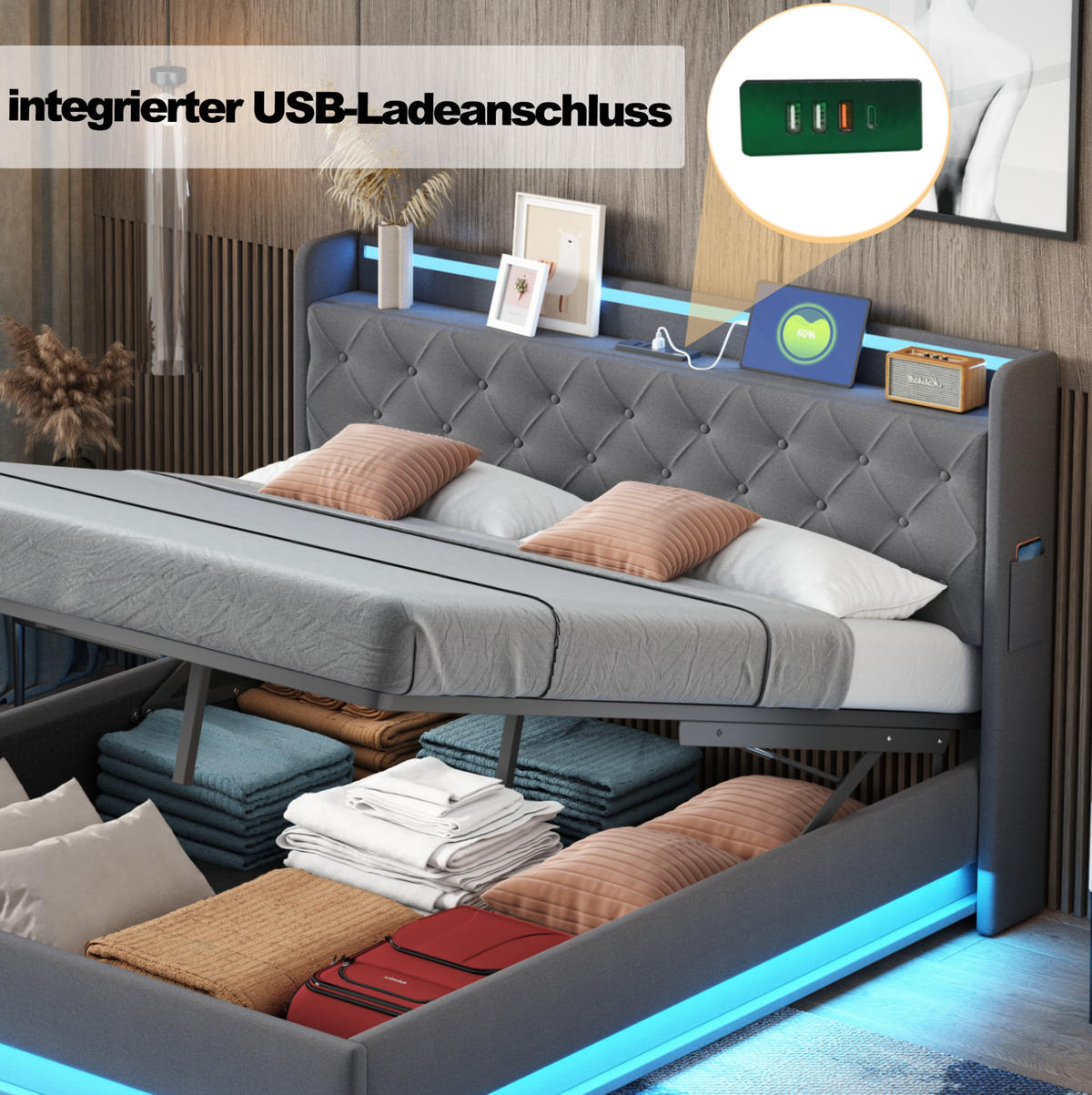 POLSTERBETT 140/200 cm Grau aus Stoff mit LED-Beleuchtung und Bettkasten - Grau, Textil (140/200cm) - OKMYHOME