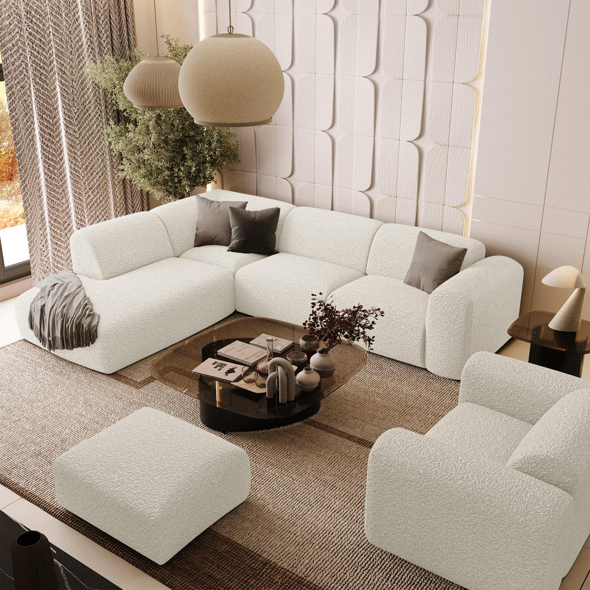 ECKSOFA LINKS Bouclé-Stoff Creme 269cm - Creme, Textil (221/269cm) - Sia Home