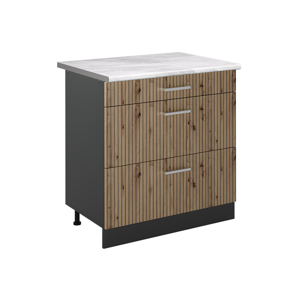 SPODNÍ SKŘÍŇKA KUCHYŇSKÉ LINKY R-Line, Řemeslný dub/Antracit, 80 cm se 3 zásuvkami pracovná doska Mramor - antracitová/dub artisan, kompozitní dřevo (80/81.6/60cm) - Vicco