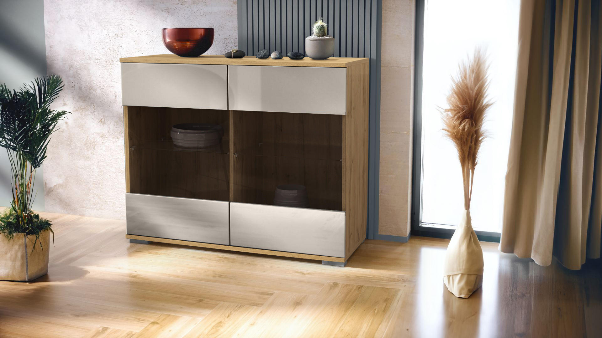 KOMMODE Bari Sandgrau Hochglanz - Sandfarben, Holzwerkstoff (92.5/75.5/35cm) - Vladon