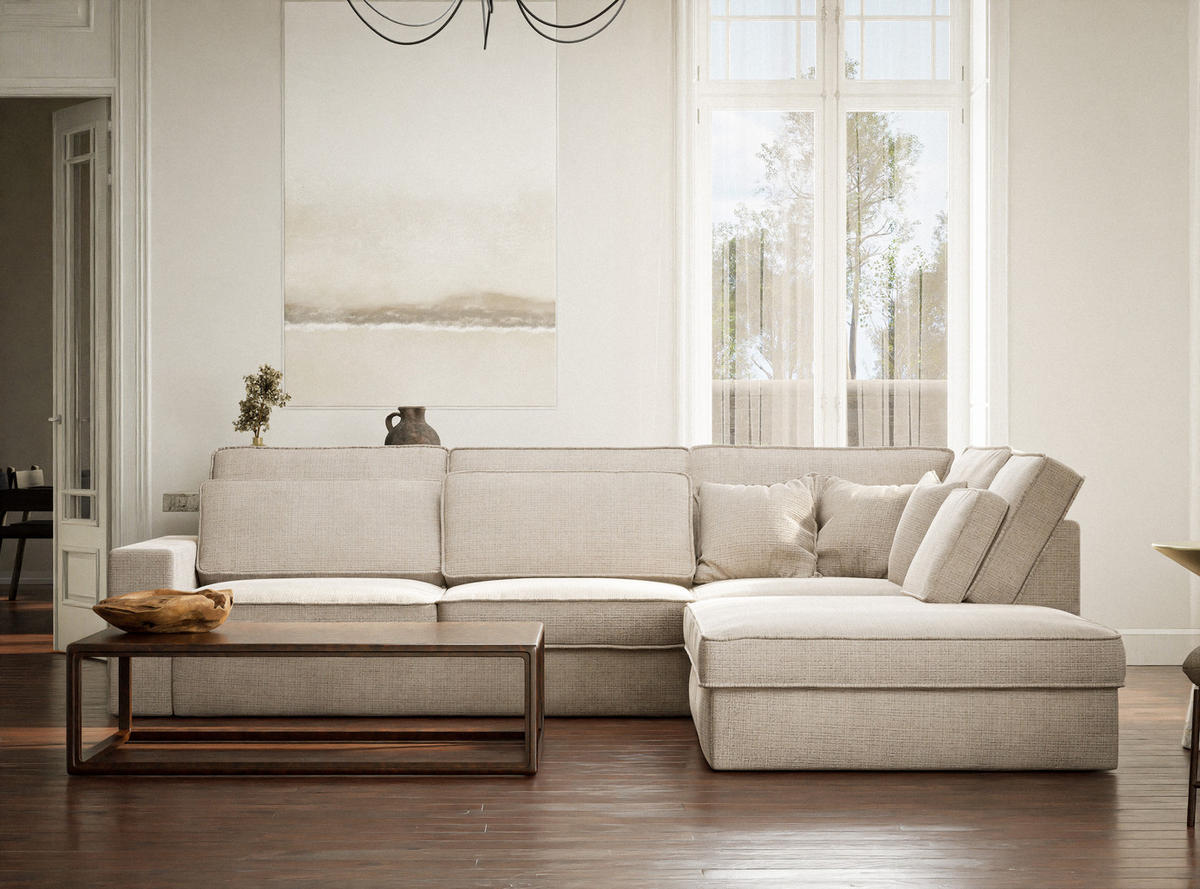 ECKSOFA Kirou Creme Chenille-Stoff - Rechts Seite - Creme/Schwarz, Holz/Holzwerkstoff (311/225cm) - Maison de Reve