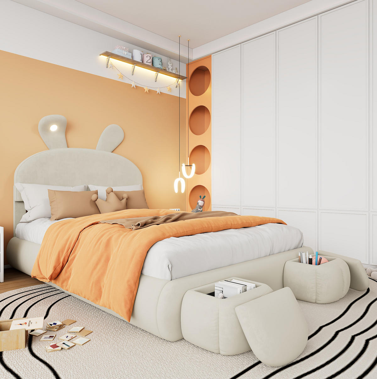 KINDERBETT aus Samt 140x200 cm in Beige mit LED-Licht & Stauraum - Beige, Textil (140/200cm) - Modfu