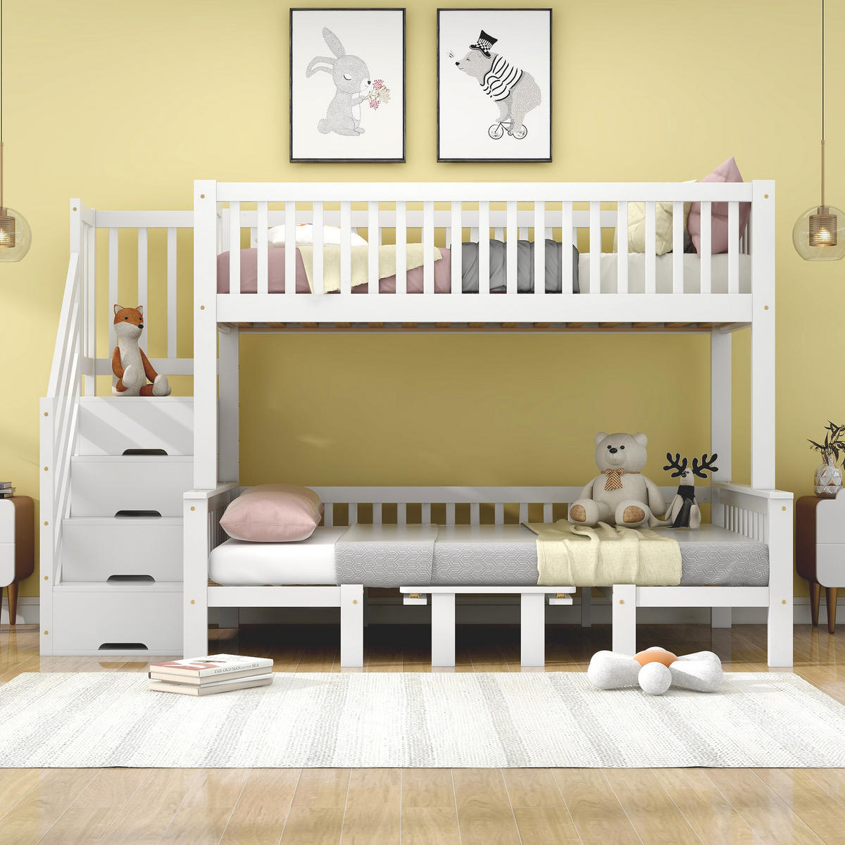 ETAGENBETT 90/200 cm & 120/200 cm in Weiß Kinderbett mit Stauraumtreppe, Tisch und Sicherheitsgeländer - Weiß, Holzwerkstoff (90/200cm) - STILVORA