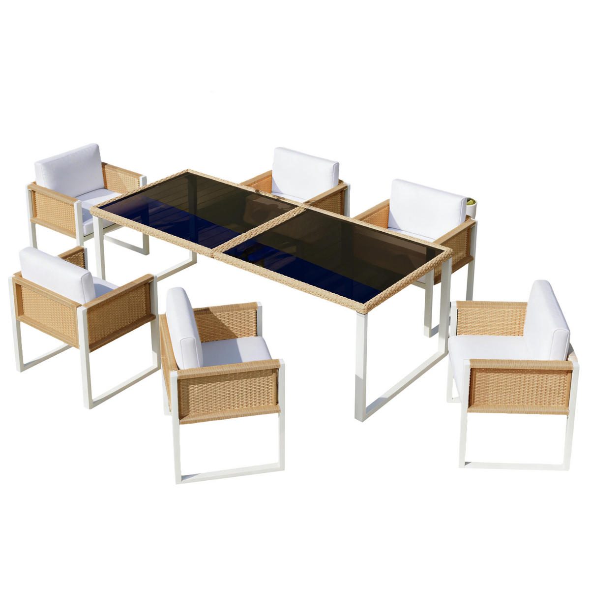 GARTENMÖBEL-SET 7-tlg. mit Glastisch und 6 Stühlen Braun Weiß - Braun, Holz - Beauniv