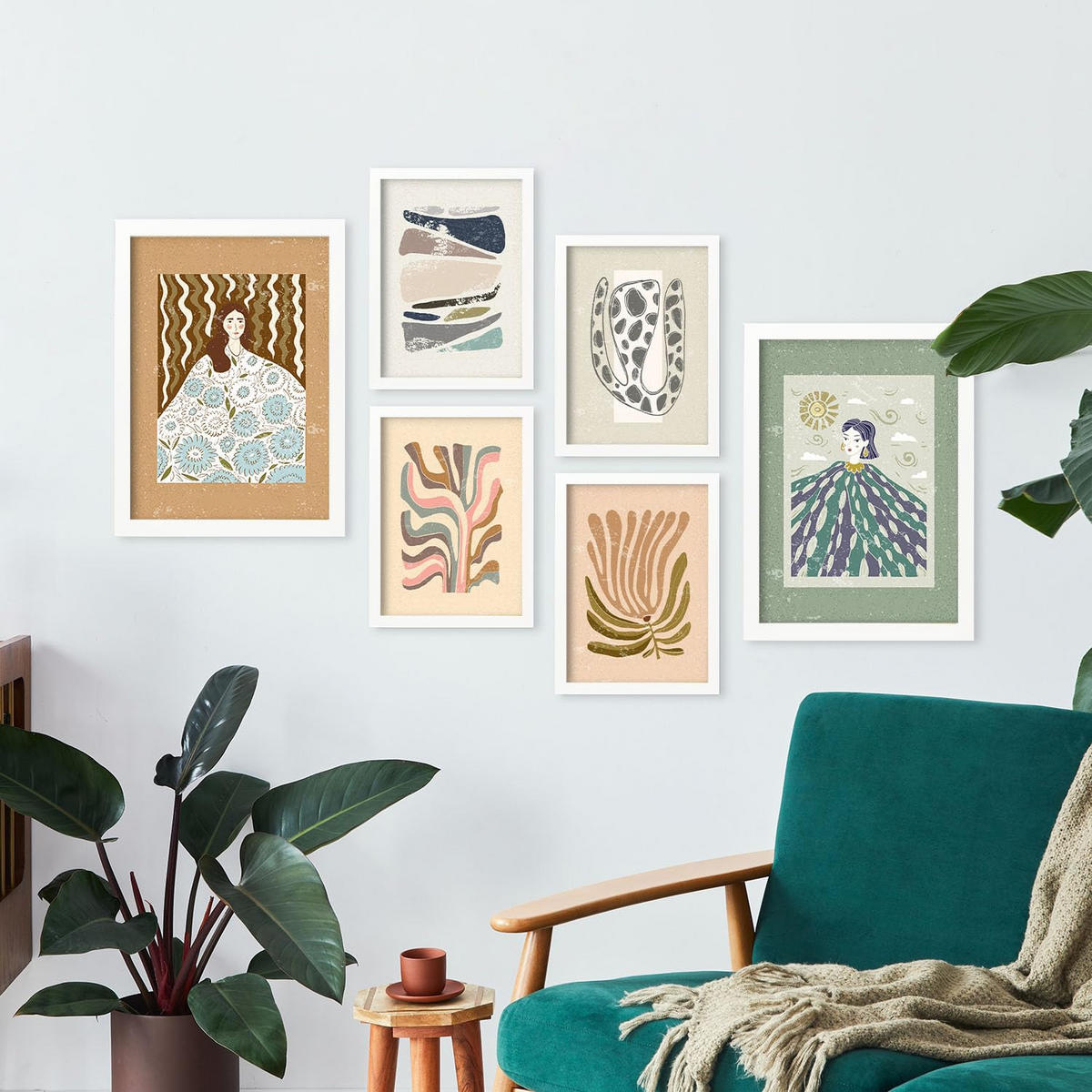 POSTER Set Mit 6 Drucken Von Mutter Natur In Ethnischer Dekorative Rahmen Für Ihr Wohnzimmer Schlafzimmer Zuhause Wandkunstdruck A3 & A4 Weißer Rahmen - Weiß, Papier (29/3cm) - Nacnic