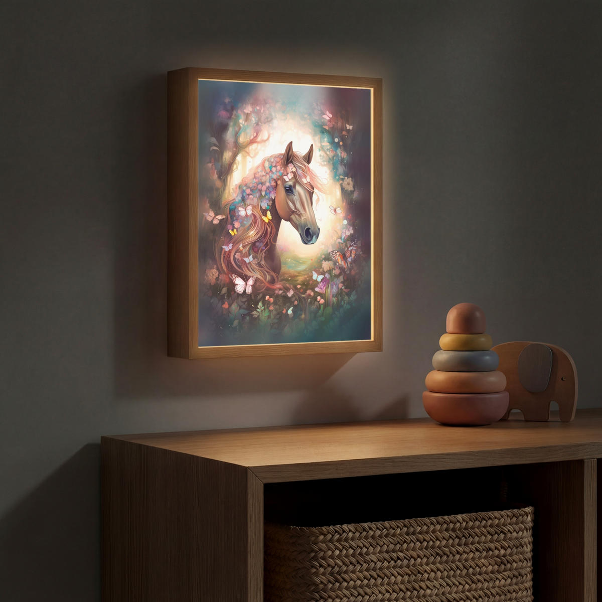 NÁSTĚNNÁ LAMPA S AKUMULÁTOREM Kůň - Příroda - Květiny - Motýli - Les 30x40 cm - tmavě hnědá, kompozitní dřevo (30/40/8cm) - OnlyWow