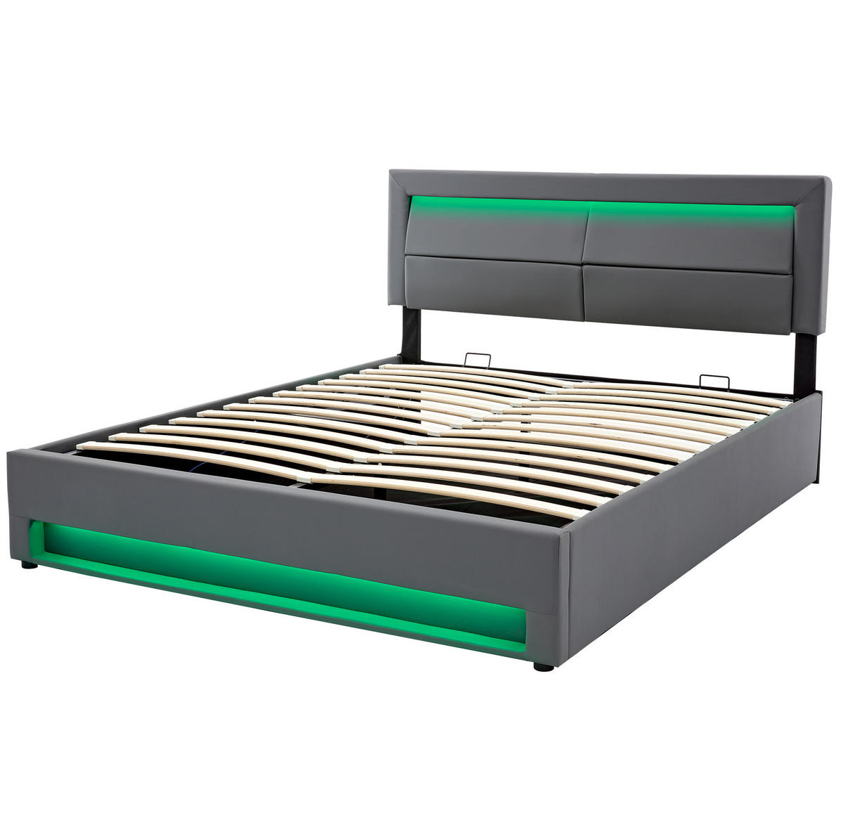 POLSTERBETT mit Stauraum, USB und LED 160x200 cm PU Grau - Grau, Metall (160/200cm) - Meubliv