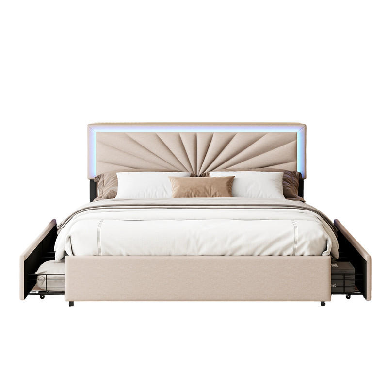 KLÄDD säng 160x200 cm beige LED höjdjusterbar 4 lådor - Beige, Metall (160/200cm) - SHOPENTRA
