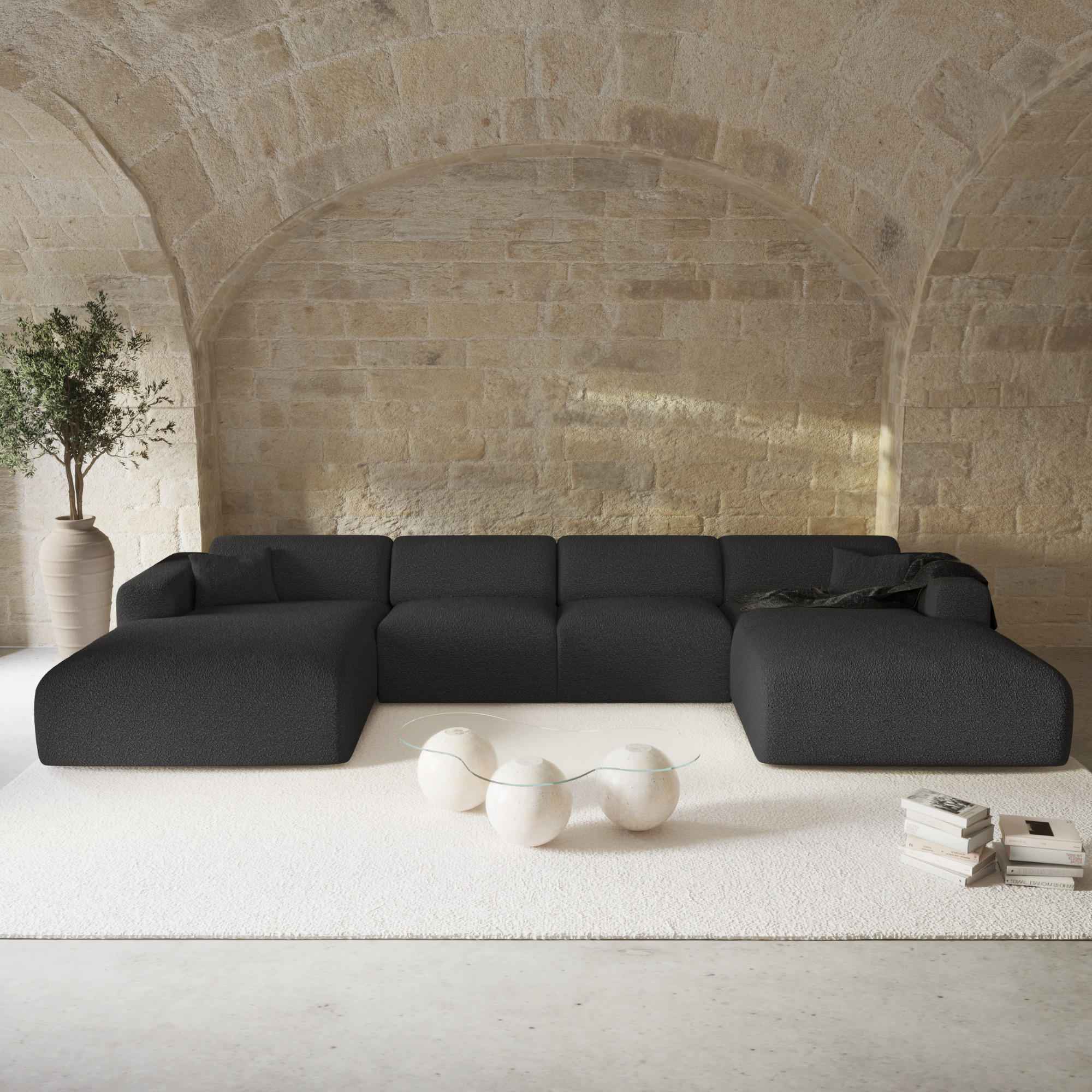 WOHNLANDSCHAFT Bouclé-Stoff Schwarz 366cm - Anthrazit, Textil (366/73/165cm) - Sia Home