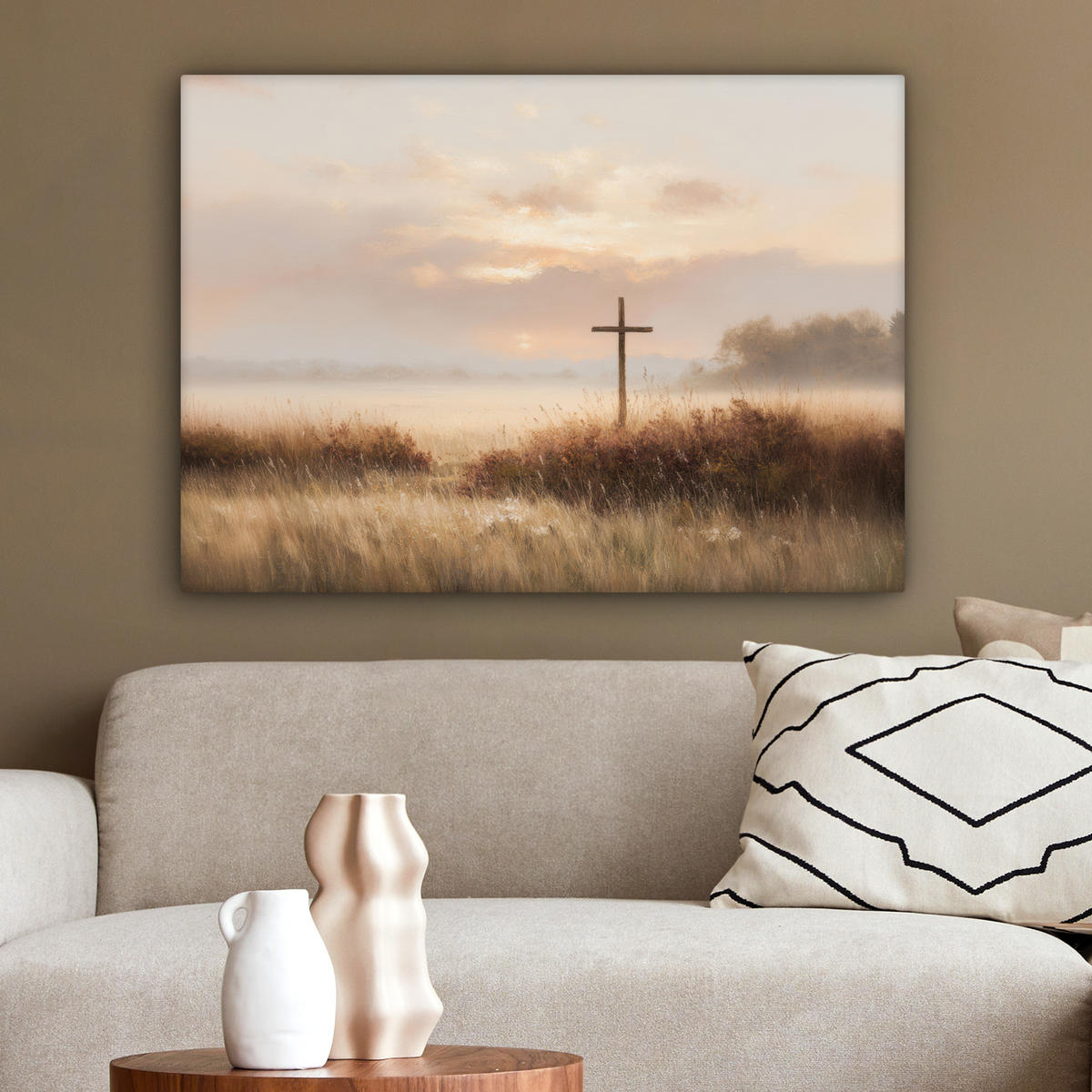 LEINWANDBILD Gras - Morgennebel - Kreuz - Christentum Wandbilder 80x60 cm - Beige, Textil (80/60cm) - MuchoWow