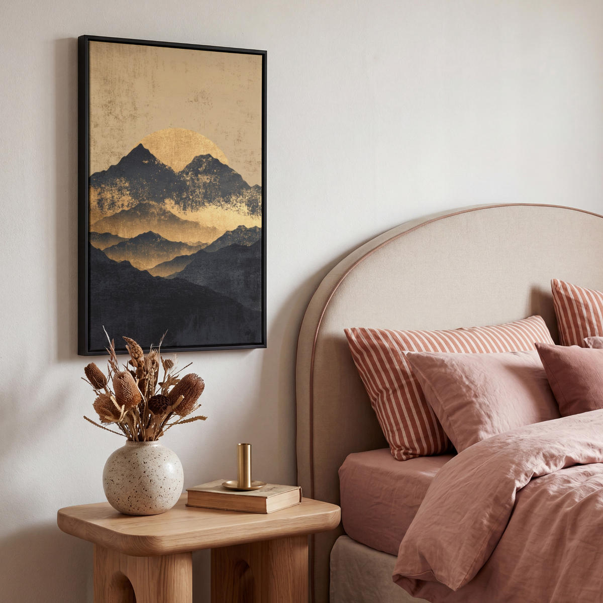 LEINWAND Bilder mit Rahmen - Goldene Berge bei Mondschein - 40x60 - Goldfarben, Textil (40/60cm) - MuchoWow