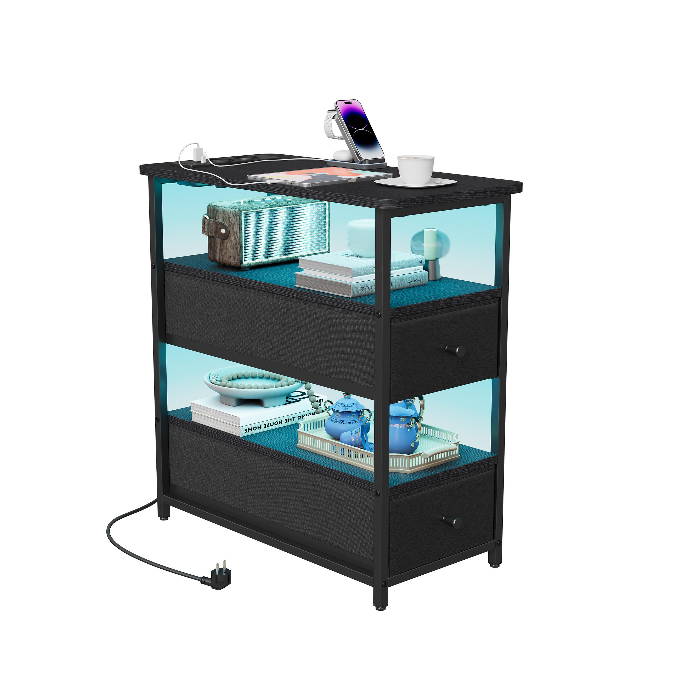 NACHTTISCH LED USB 2 Schubladen 2 Fächer schwarz - Schwarz, Holz (58/28/60.5cm) - LEBENLANG