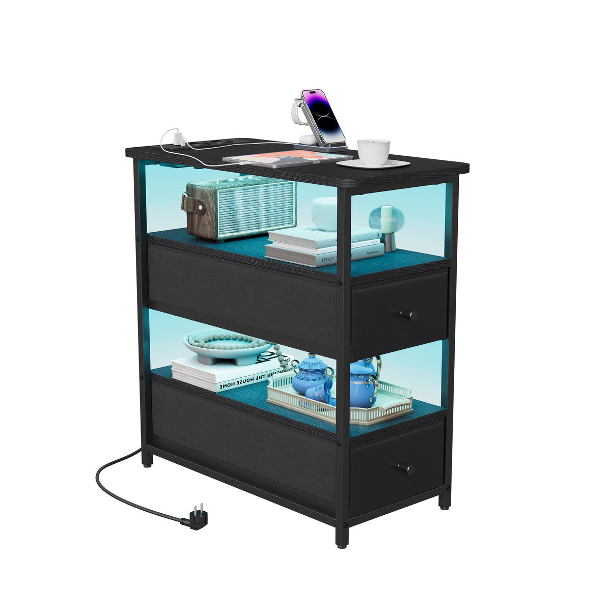 NACHTTISCH LED USB 2 Schubladen 2 Fächer schwarz - Schwarz, Holz (58/28/60.5cm) - LEBENLANG