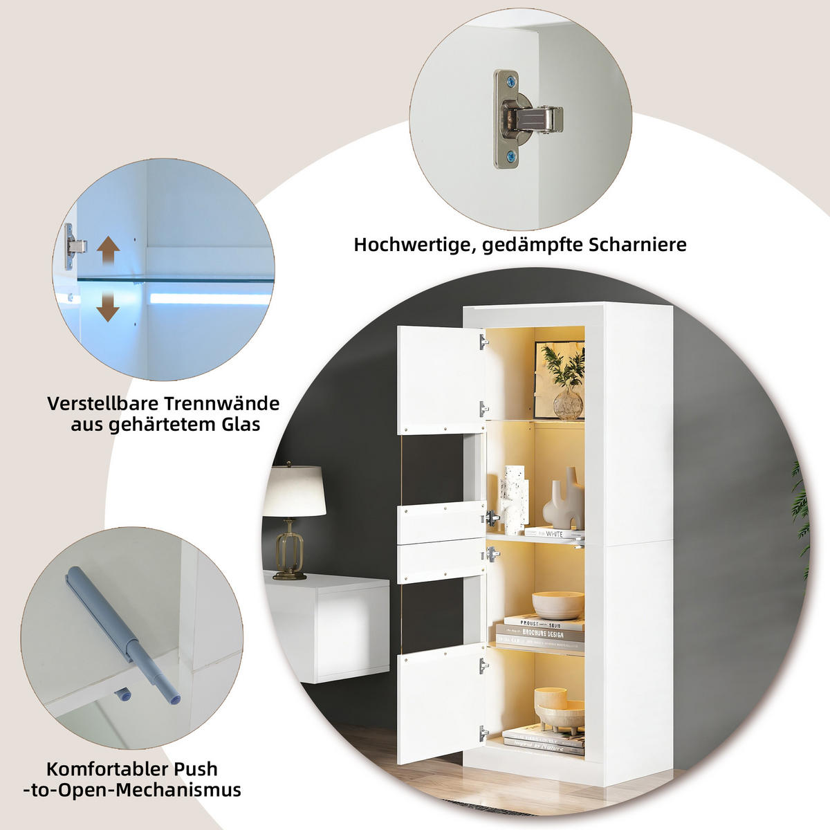 VITRINE in Weiß Highboard mit LED-Beleuchtung und Glasboden für Wohnzimmer und Schlafzimmer, B61/T42/H162 cm - Weiß, Glas/Holzwerkstoff (61/162/42cm) - STILVORA