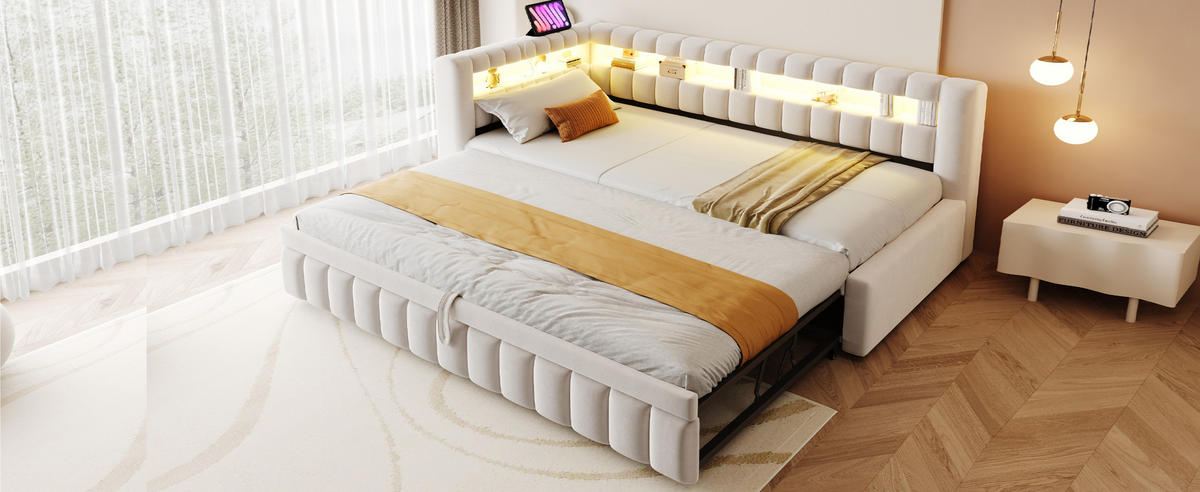 SCHLAFSOFA ausziehbar 90x200 cm Samt Beige mit LED und USB - Beige, Metall (90/200cm) - Meubliv