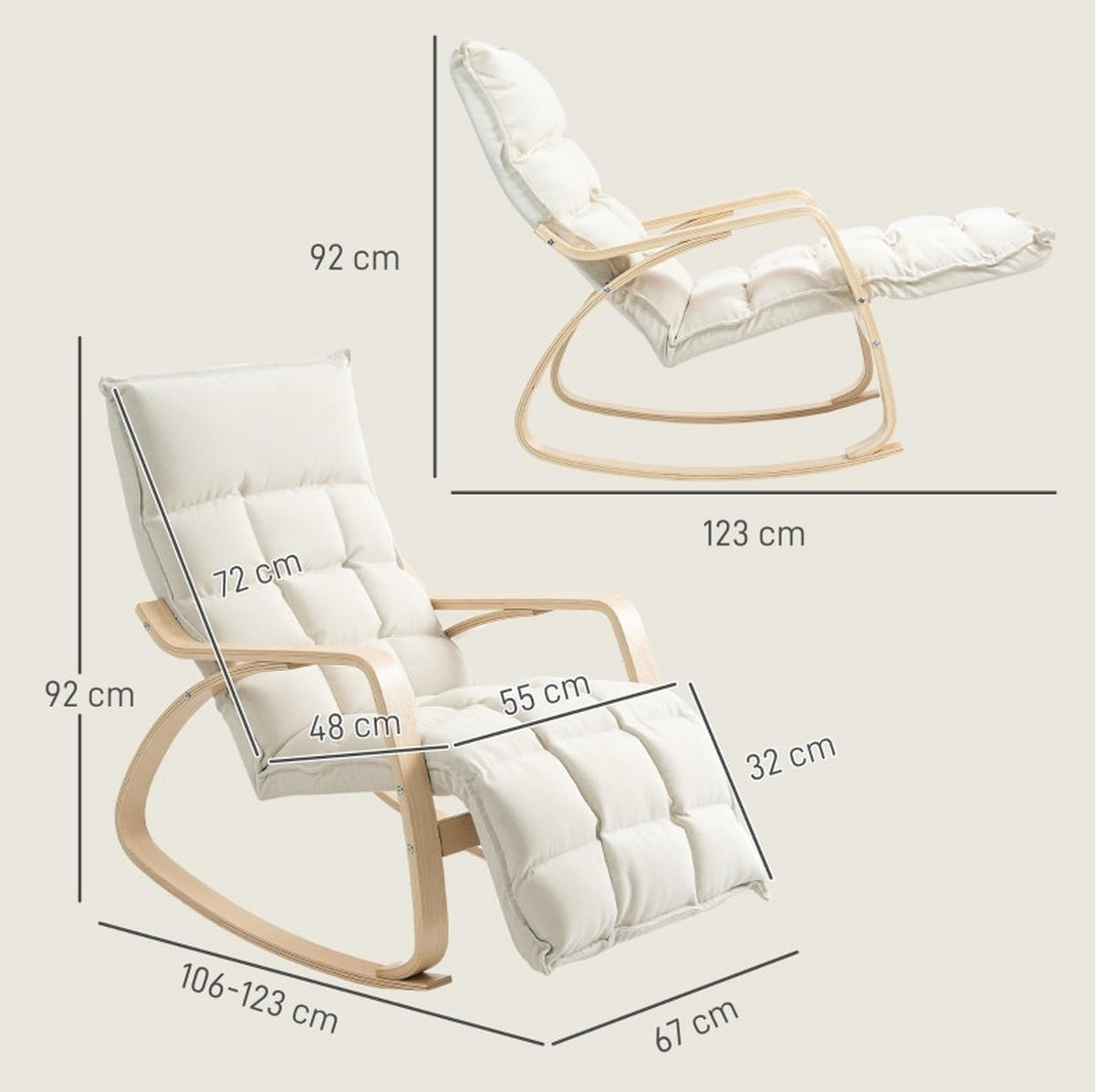 SCHAUKELSTUHL Polyesterbezug mit verstellbarer Fußstütze bis 90° 67/106-123/92 cm Creme - Creme, Textil (67/92/106cm) - Redom