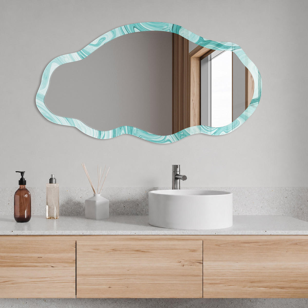 SPIEGEL 90x45 cm asymmetrisch mit Druck - Türkisfarbener Marmor - Transparent, Glas (45/90/0.4cm) - TULUP