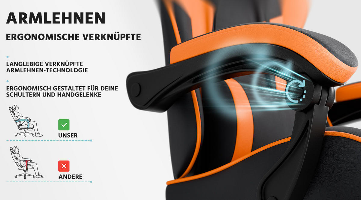 GAMING-STUHL ergonomisch verstellbar PVC Orange - Orange, Kunststoff (63/120.5/58.5cm) - Meubliv