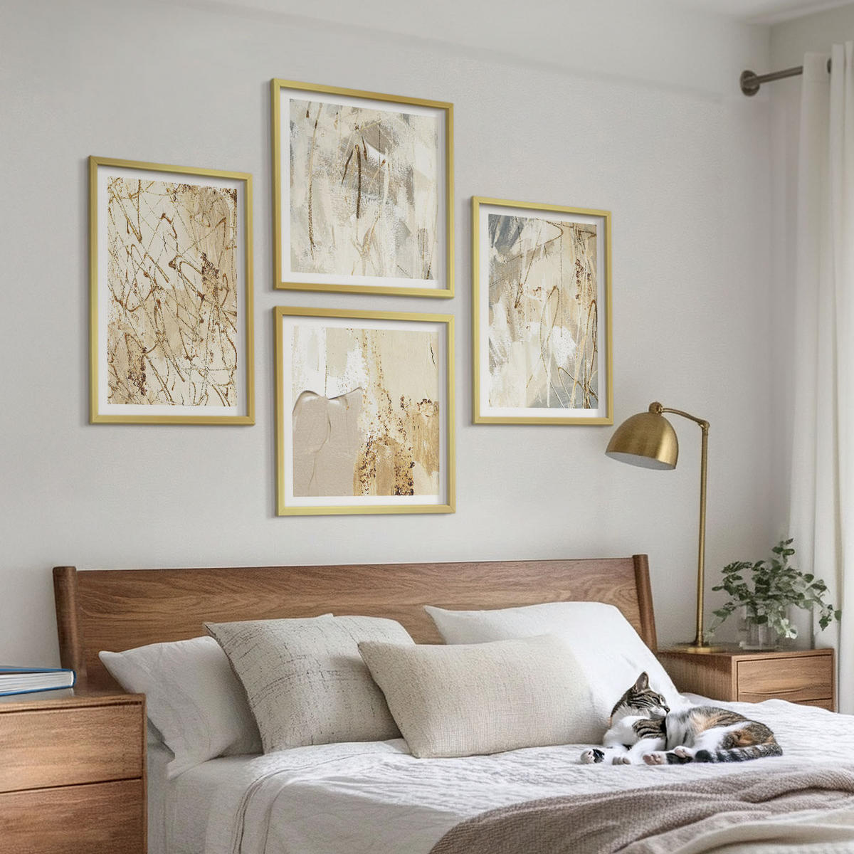 BILDER SET 4er Set - 50x50 cm & 40x60 cm Goldrahmen - Beige abstrakte Formen Linien - Goldfarben, Kunststoff (50/50cm) - TULUP