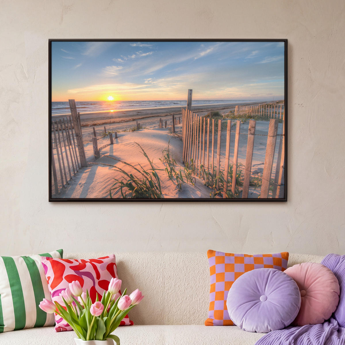 LEINWAND Bilder mit Rahmen - Strand - Meer - Düne - Sonnenuntergang - Landschaft - 90x60 - Beige, Textil (90/60cm) - MuchoWow