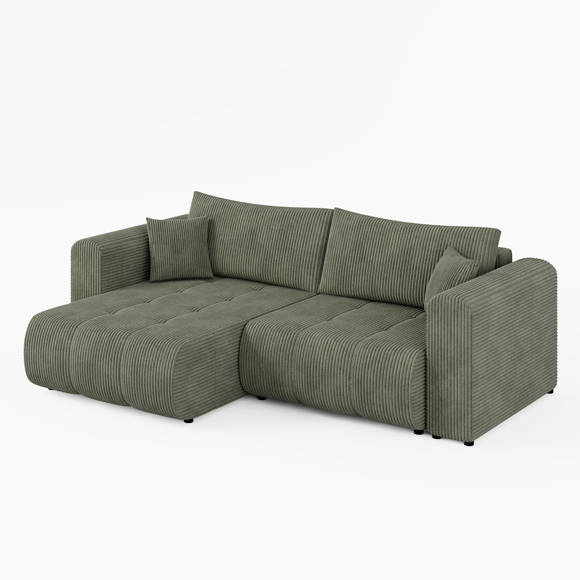 ECKSOFA RIVA Links Grün Cord-Stoff L-Form Couch mit Schlaffunktion & Bettkasten - Schwarz/Olivgrün, Holz (255/160cm) - Barchello