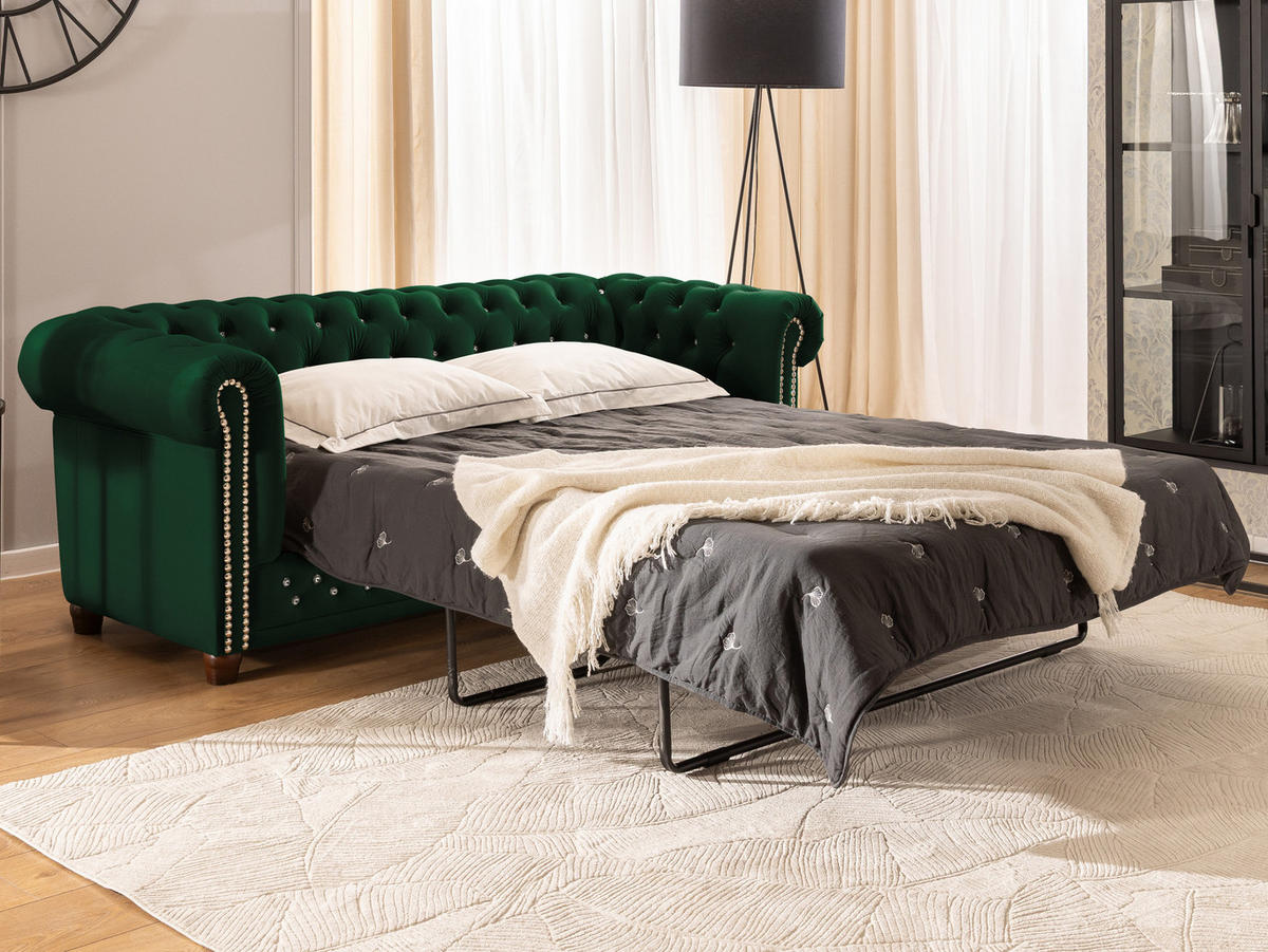 CHESTERFIELD-SOFA 3-Sitzer mit Schlaffunktion Cleo Blink Flasche Grün Samt mit Kristallsteppung und braunen Massivholzfüßen - Braun/Grün, Holz/Textil (203/72/86cm) - S-Style Möbel