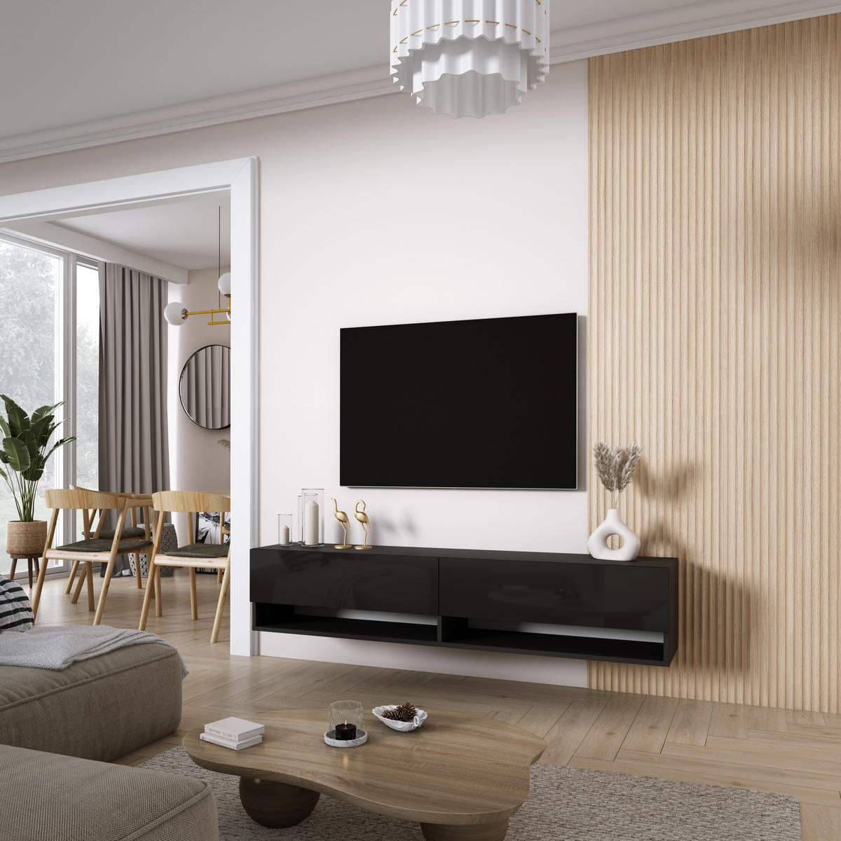 TV-LOWBOARD 170 cm Mattschwarz / Hochglanzschwarz, 170 × 32 × 34 cm - Schwarz, Holzwerkstoff (170/33.6/32cm) - 3XE LIVING