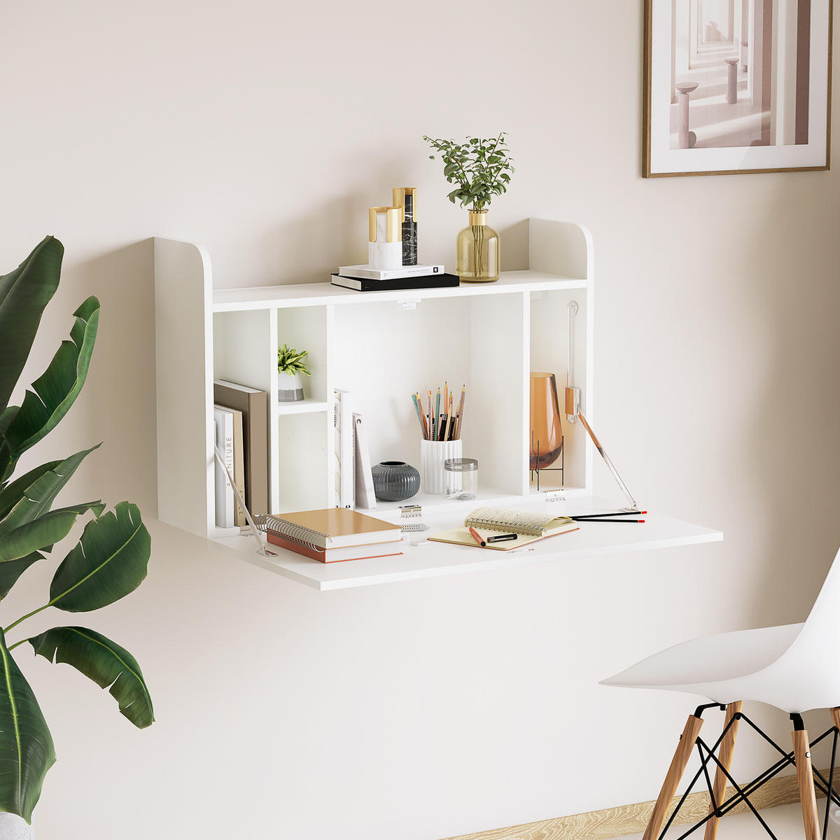 SCHREIBTISCH Wandmontiert und klappbar mit Stauraum 77/20/51 cm - Weiß, Holzwerkstoff (20/77/51cm) - PANGIVO