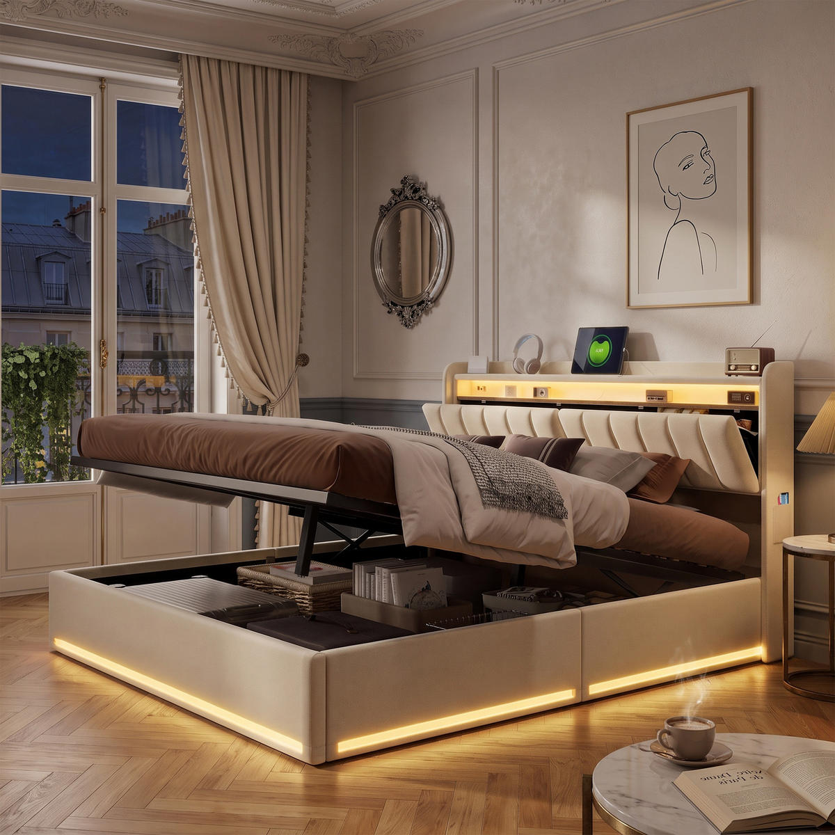 POLSTERBETT 140x200 cm, Doppelbett mit Bettkasten, USB und LED, hydraulischer Stauraum, Samt Beige - Beige, Holz/Textil (140/200cm) - GENKI LIVING