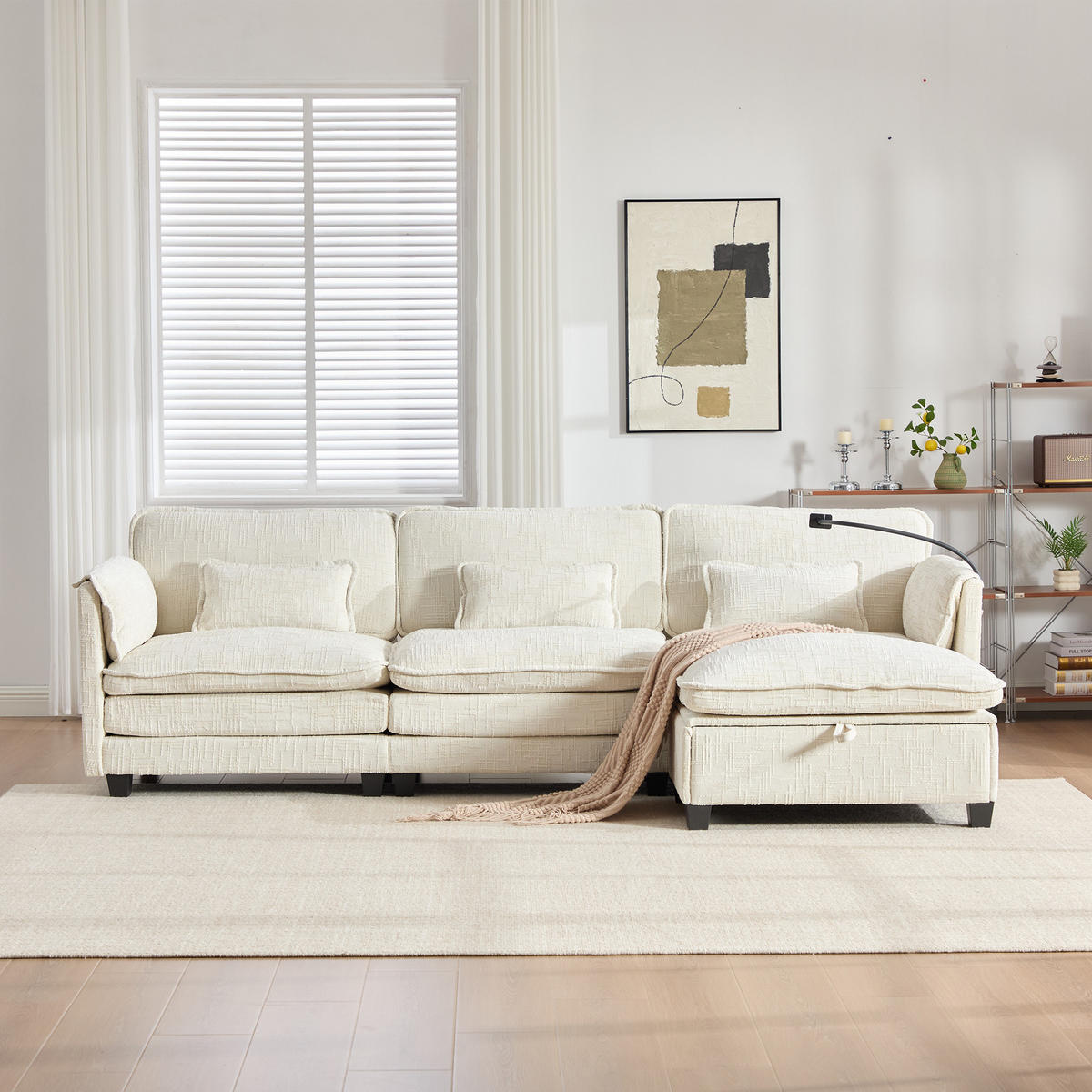 ECKSOFA mit USB-Anschluss und Hocker Chenille Beige 279/83/85 cm - Beige, Textil (279/83cm) - OKWISH