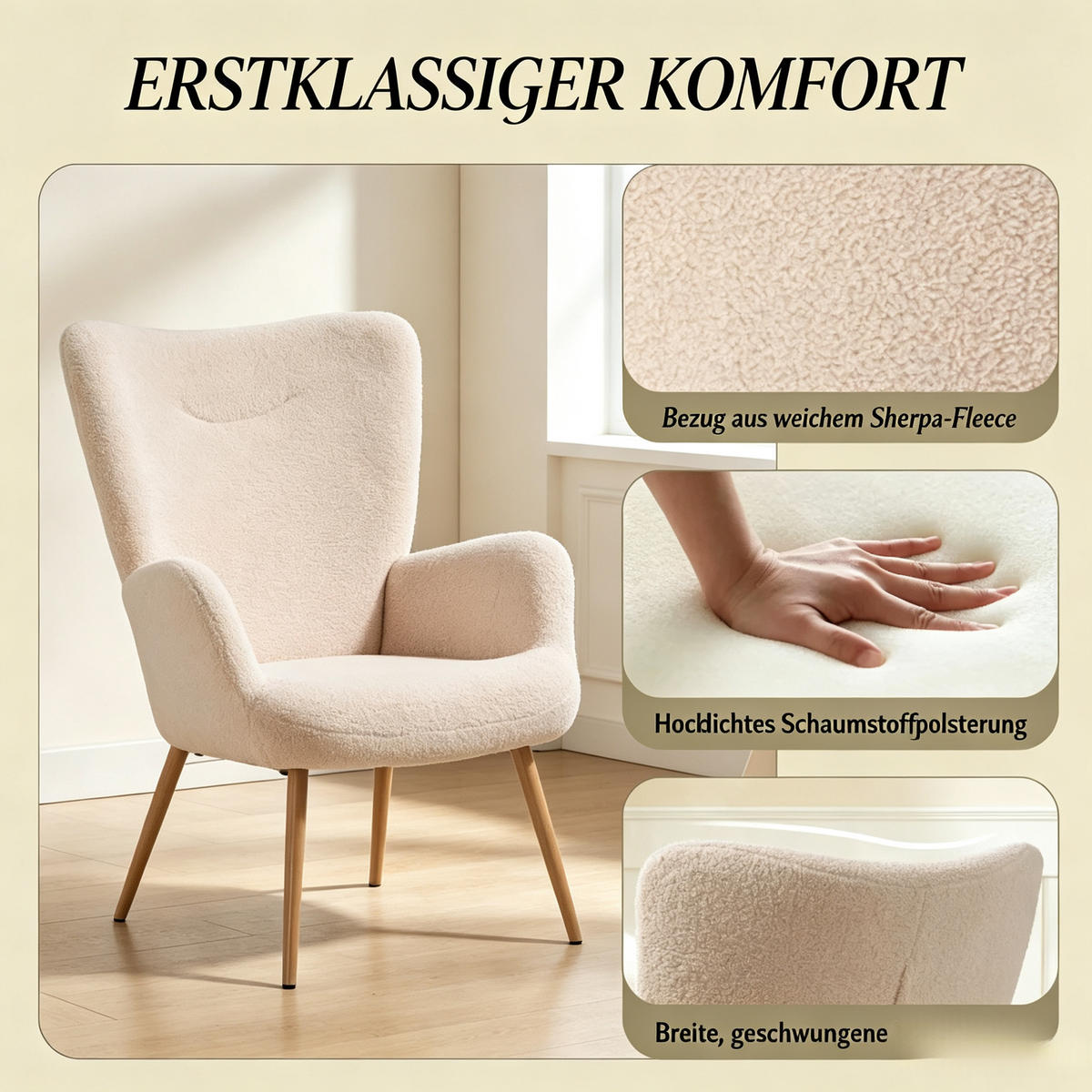 OHRENSESSEL hoher Rücken mit Armlehnen, DE-42171, Beige - Beige, Metall (74/94.5/71cm) - ComfortXL