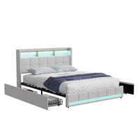 POLSTERBETT 140x200 cm mit Stauraumkopf und 4 Schubladen, LED-Leisten, USB-/Typ-C, Leinenstoff, Beige - Beige, Holz (140/200cm) - BRILVERDE