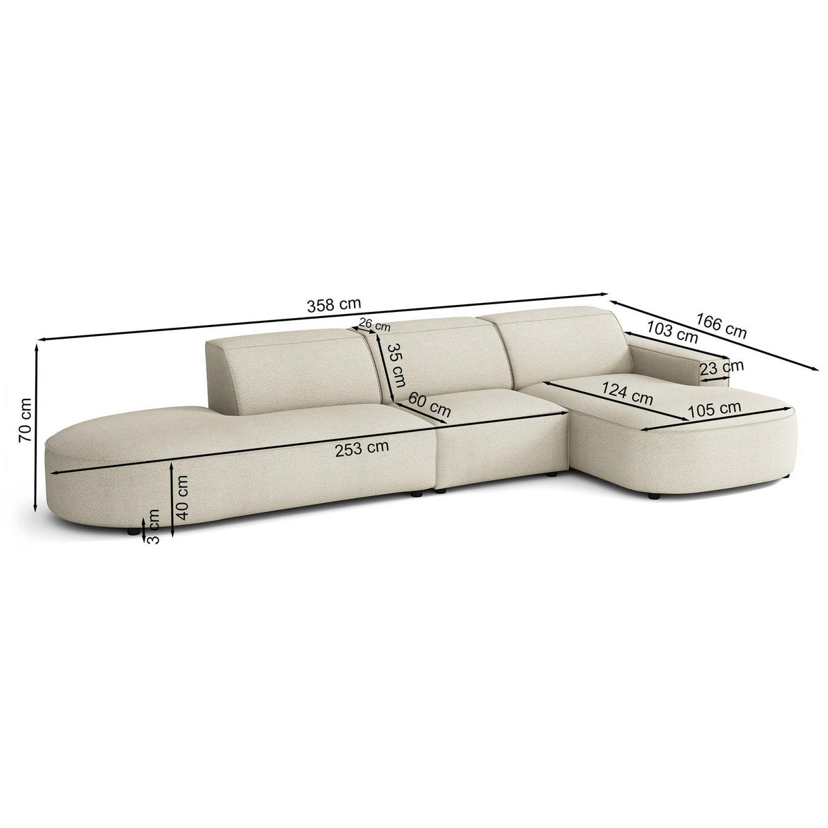 ECKSOFA Sallmo L-Form, 3-Sitzer, links 358 cm - Creme/Schwarz, Kunststoff/Textil (358/166cm) - Selsey